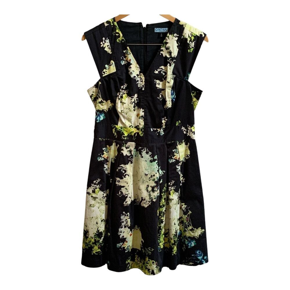 Cynthia Rowley Sleeveless Dress SIZE 8 Black Cream Water Color Knee Length